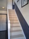 cream carpet on stairs with navy panelled walls